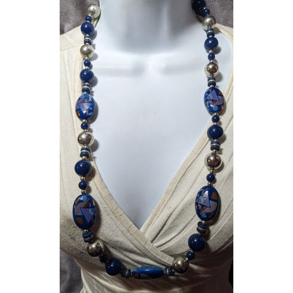 Vintage 80s/90s Blue And Silver Geometric Printed Japan Beaded Necklace