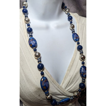 Vintage 80s/90s Blue And Silver Geometric Printed Japan Beaded Necklace