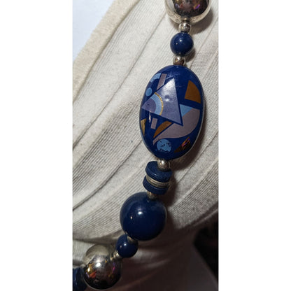 Vintage 80s/90s Blue And Silver Geometric Printed Japan Beaded Necklace