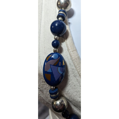 Vintage 80s/90s Blue And Silver Geometric Printed Japan Beaded Necklace