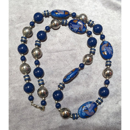 Vintage 80s/90s Blue And Silver Geometric Printed Japan Beaded Necklace