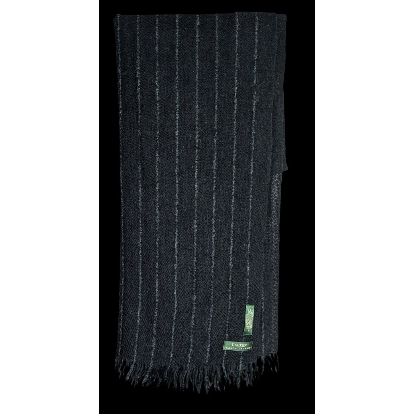 Preppy Designer Lauren Ralph Lauren Black Striped Scarf 22x82 Inches With Fringe Trim Made In Japan