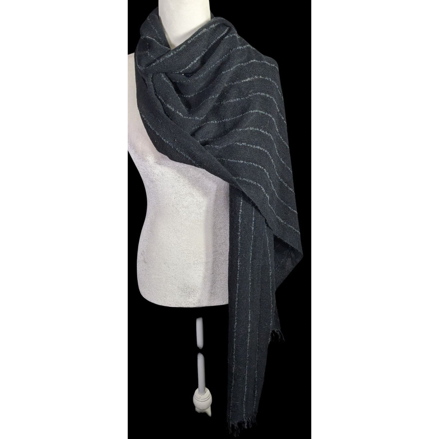 Preppy Designer Lauren Ralph Lauren Black Striped Scarf 22x82 Inches With Fringe Trim Made In Japan