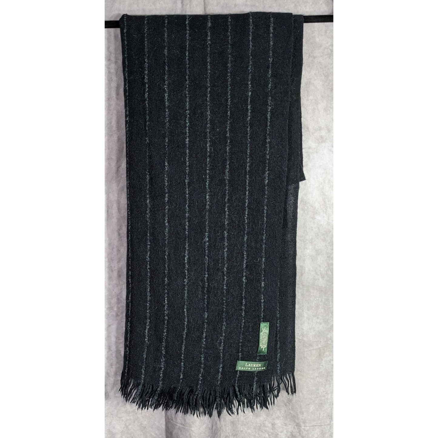 Preppy Designer Lauren Ralph Lauren Black Striped Scarf 22x82 Inches With Fringe Trim Made In Japan