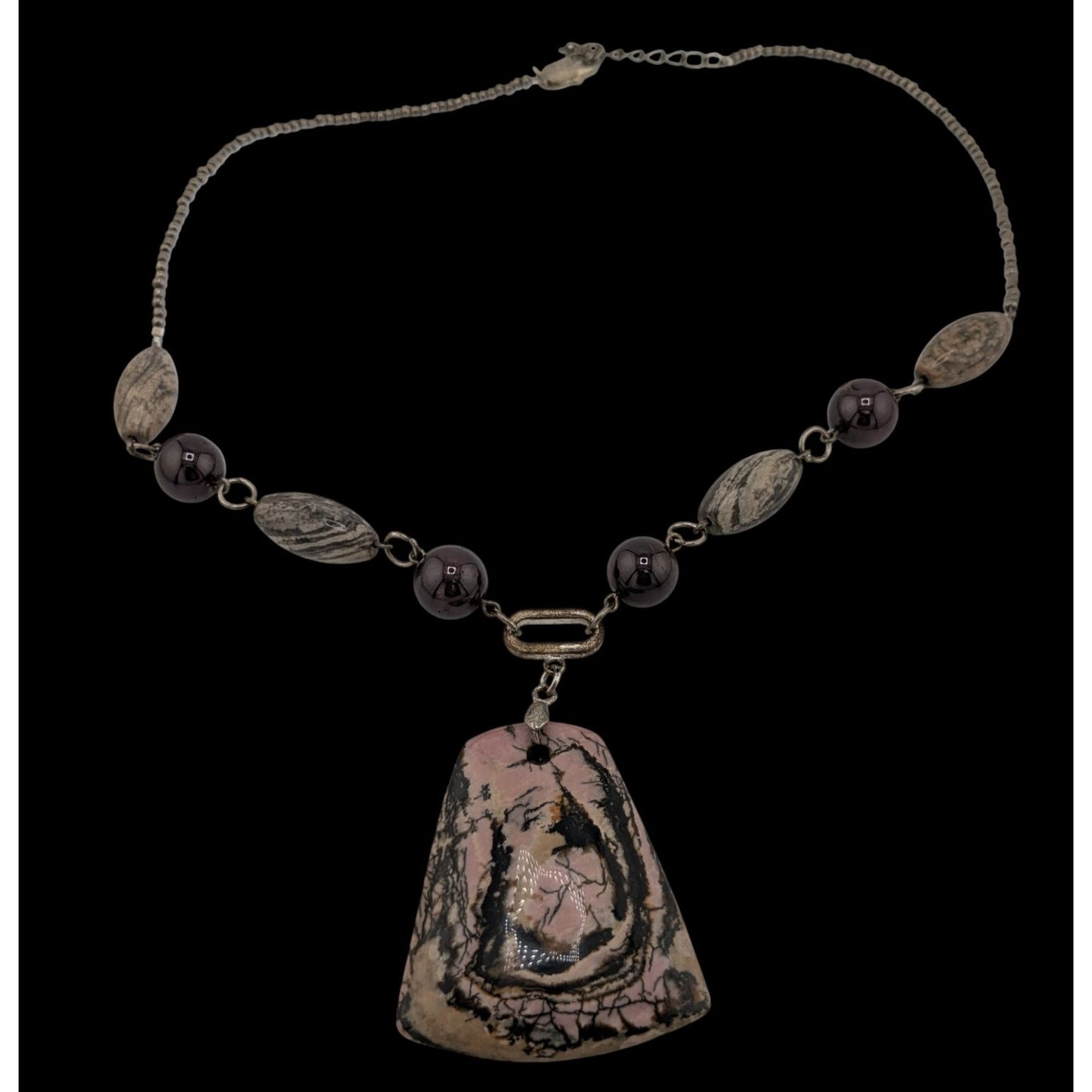 Vintage Handmade Porcelain Jasper Pendant Necklace With Various Gemstone Beads