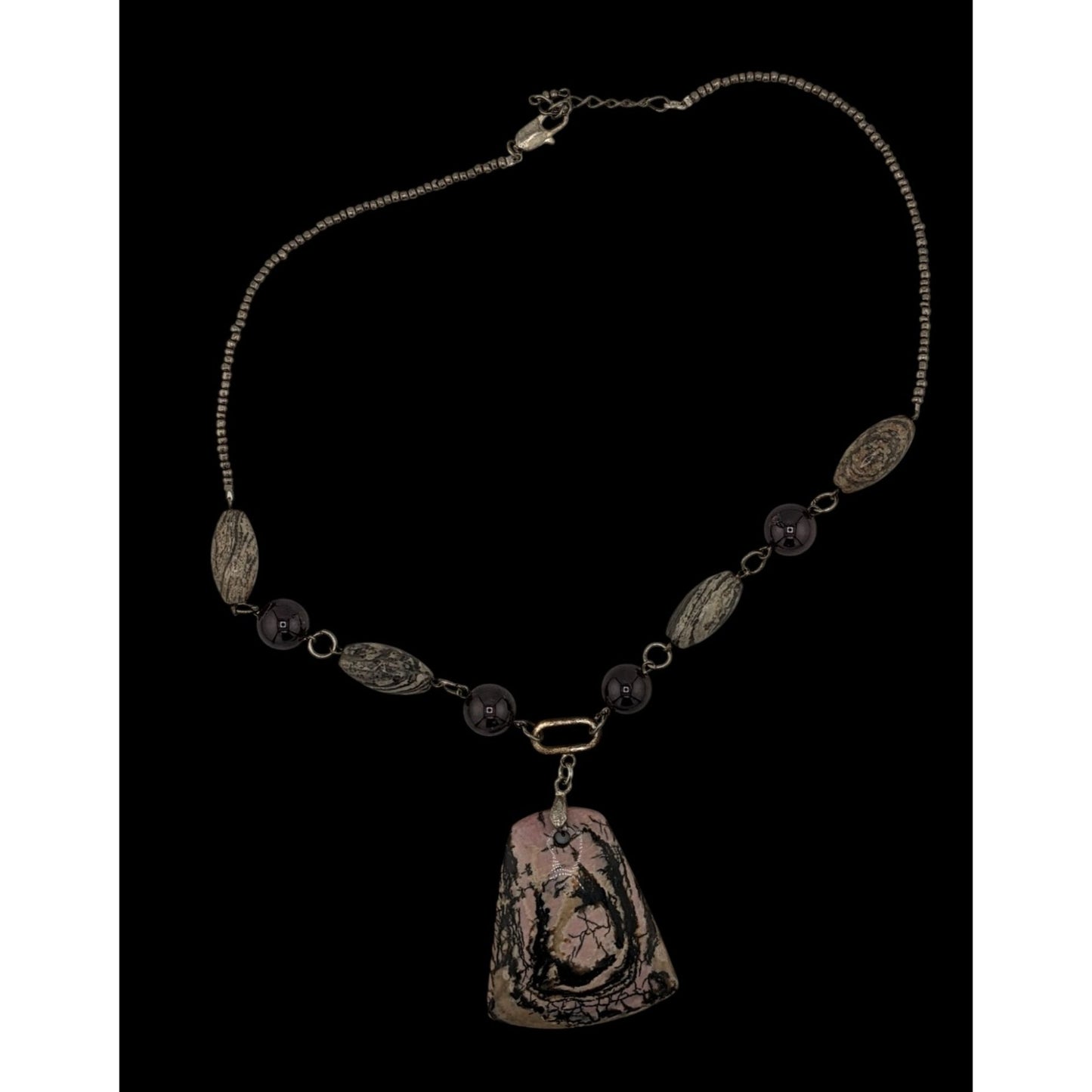 Vintage Handmade Porcelain Jasper Pendant Necklace With Various Gemstone Beads