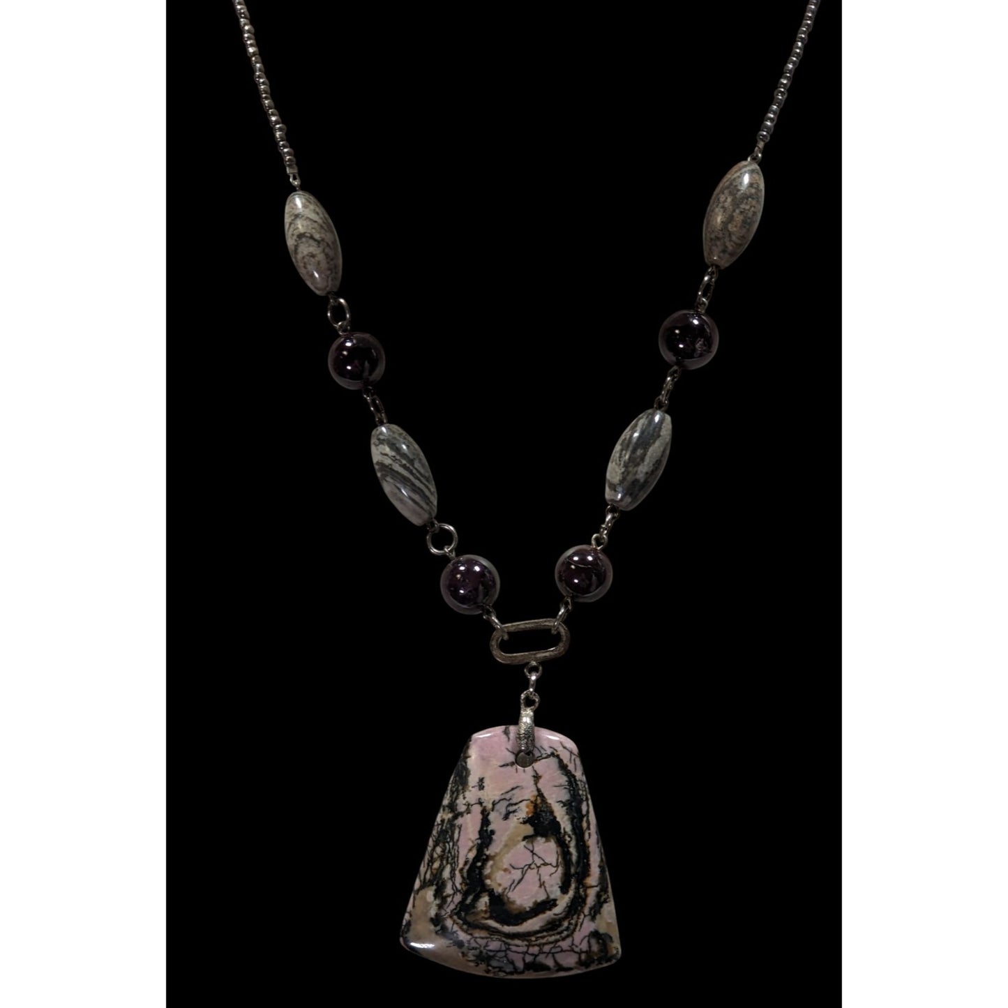 Vintage Handmade Porcelain Jasper Pendant Necklace With Various Gemstone Beads