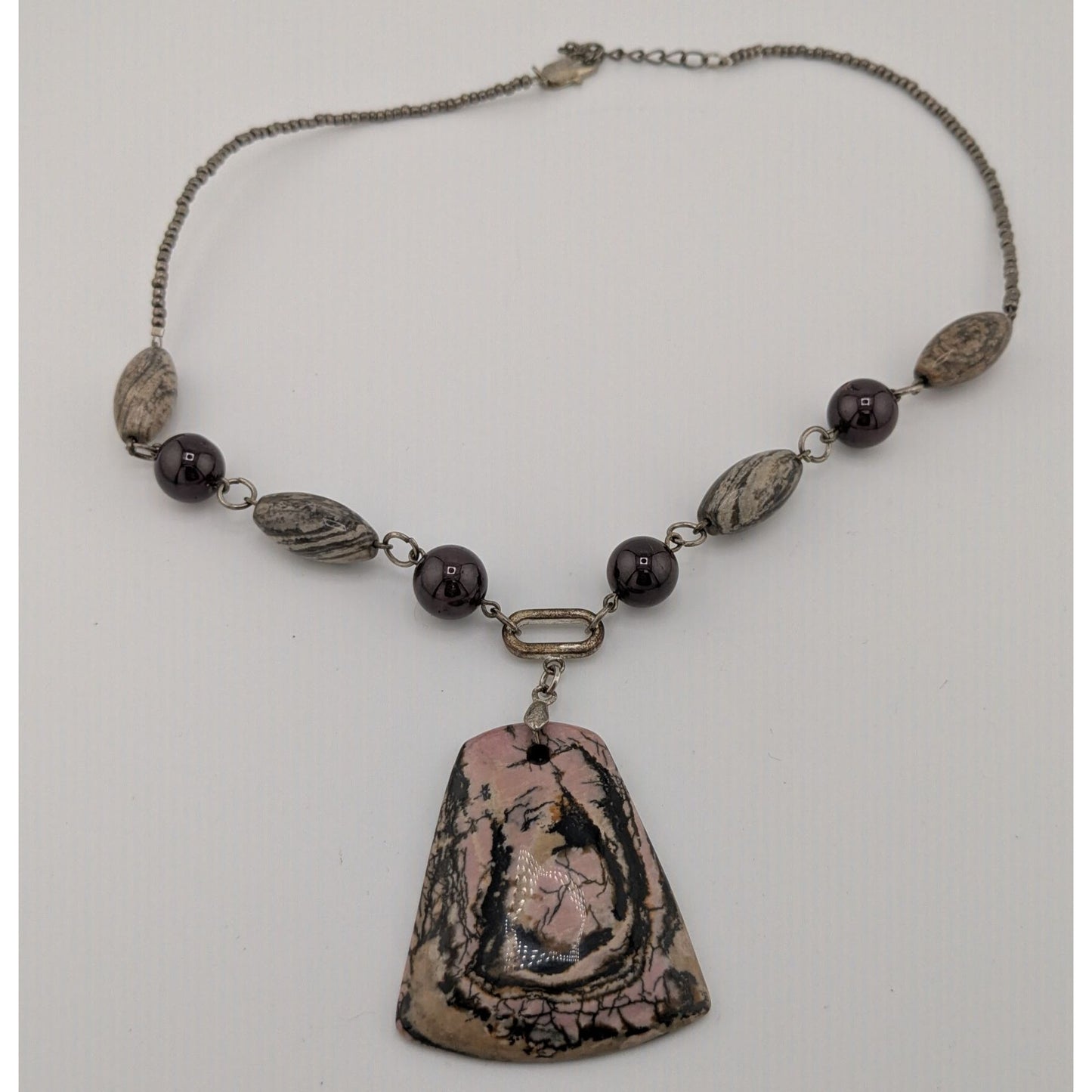 Vintage Handmade Porcelain Jasper Pendant Necklace With Various Gemstone Beads