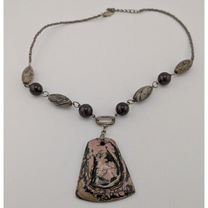 Vintage Handmade Porcelain Jasper Pendant Necklace With Various Gemstone Beads