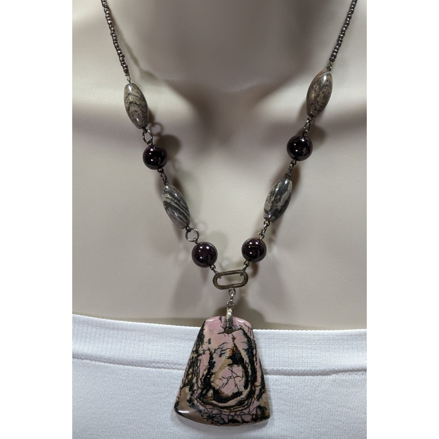 Vintage Handmade Porcelain Jasper Pendant Necklace With Various Gemstone Beads