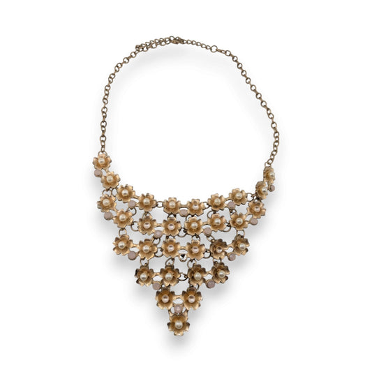 Vintage Romantic Cottagecore Gold Tone Floral Faux Pearl Bib Necklace