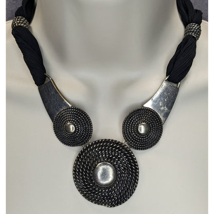 Goth 90s Brutalist VCLM Statement Necklace Black Silver Tone Mesh Disc Collar