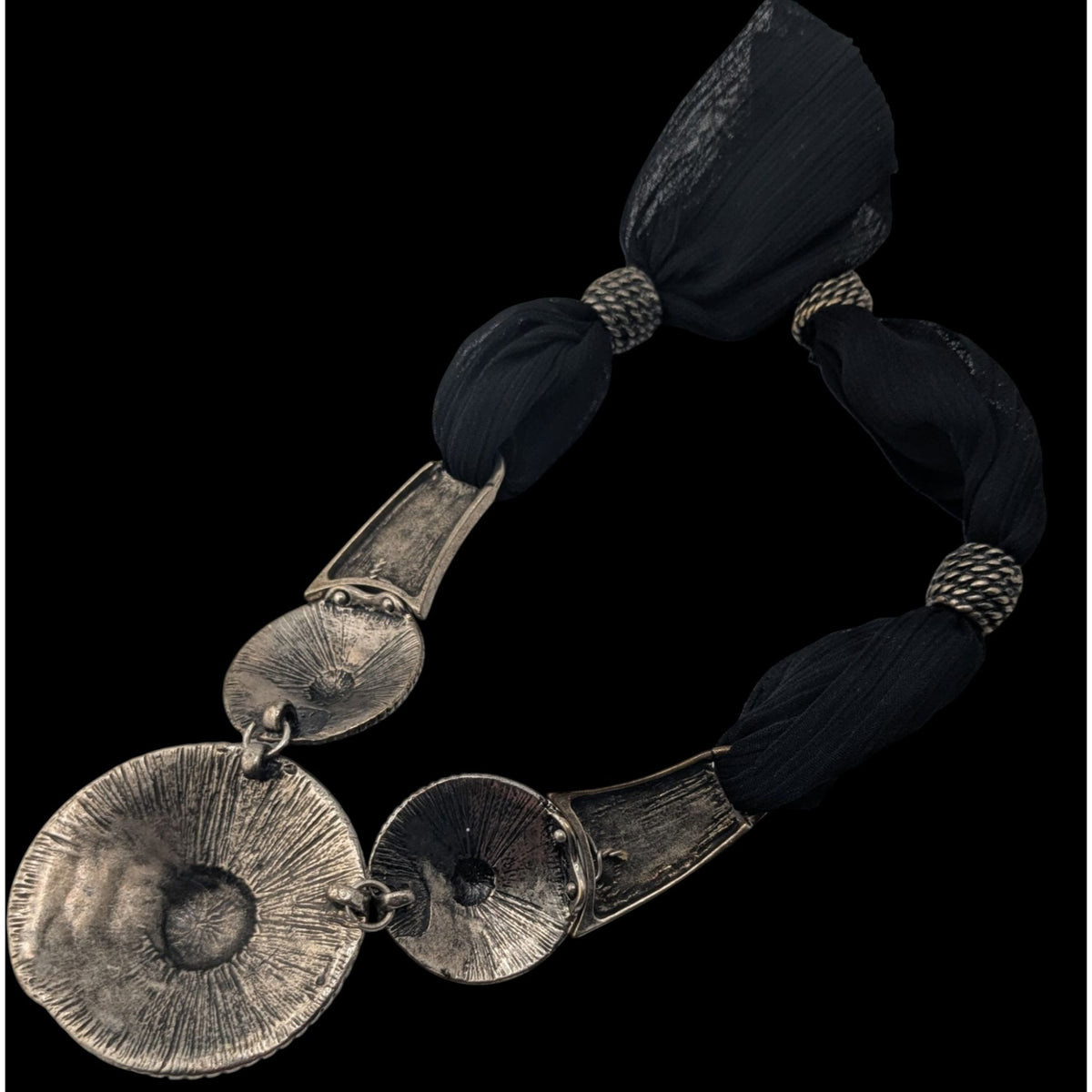 Goth 90s Brutalist VCLM Statement Necklace Black Silver Tone Mesh Disc Collar