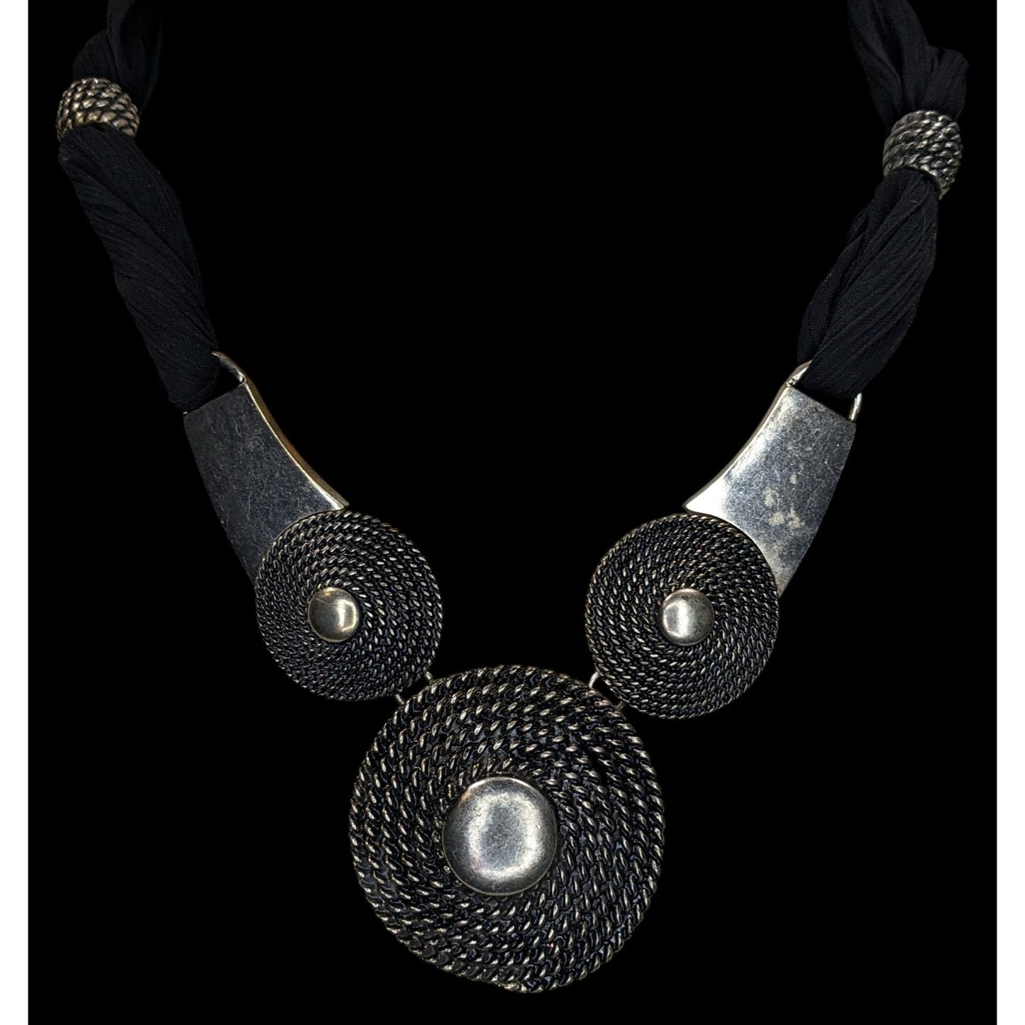 Goth 90s Brutalist VCLM Statement Necklace Black Silver Tone Mesh Disc Collar