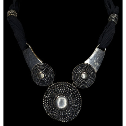 Goth 90s Brutalist VCLM Statement Necklace Black Silver Tone Mesh Disc Collar