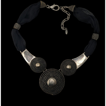 Goth 90s Brutalist VCLM Statement Necklace Black Silver Tone Mesh Disc Collar