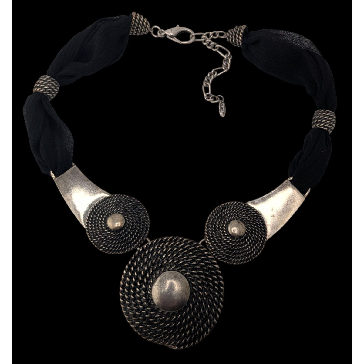 Goth 90s Brutalist VCLM Statement Necklace Black Silver Tone Mesh Disc Collar