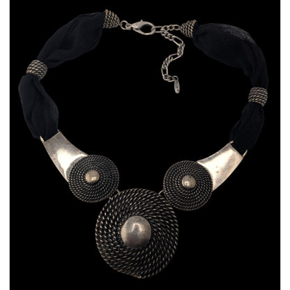 Goth 90s Brutalist VCLM Statement Necklace Black Silver Tone Mesh Disc Collar
