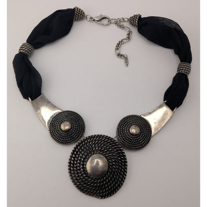 Goth 90s Brutalist VCLM Statement Necklace Black Silver Tone Mesh Disc Collar