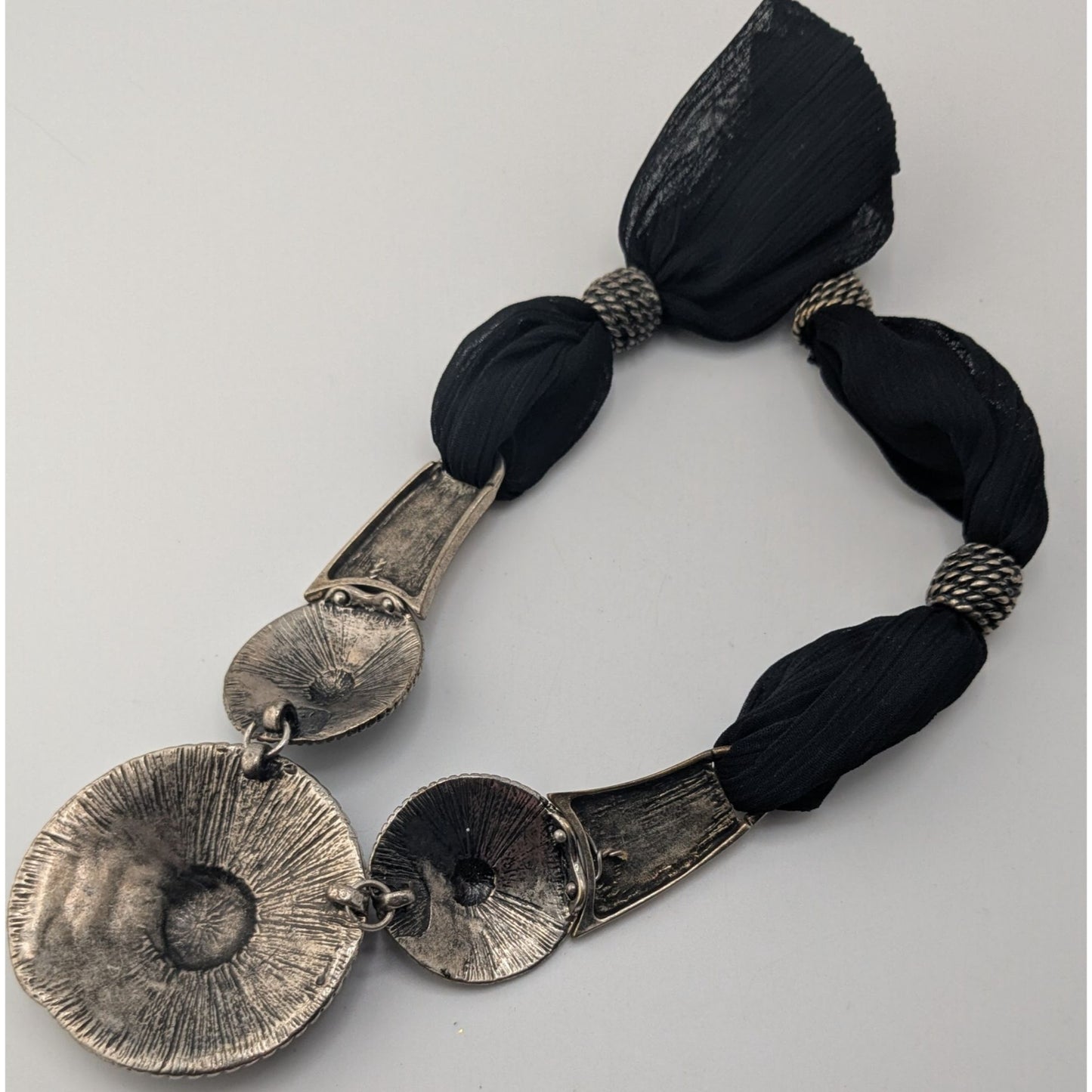 Goth 90s Brutalist VCLM Statement Necklace Black Silver Tone Mesh Disc Collar