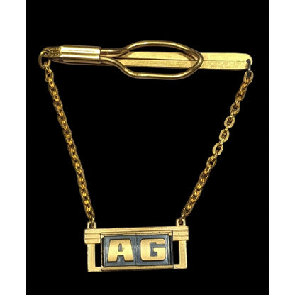 Vintage Hicock AG Initial Gold Tone Tie Bar With Chain Made in USA