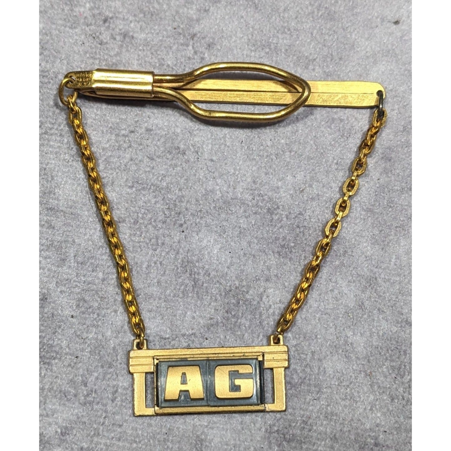 Vintage Hicock AG Initial Gold Tone Tie Bar With Chain Made in USA
