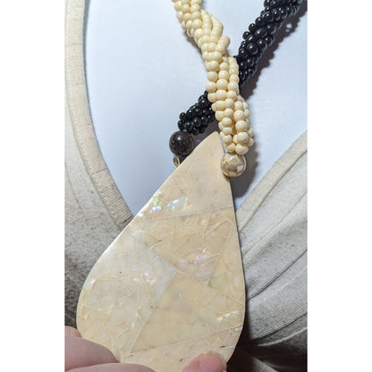 Vintage White And Brown Mother OF Pearl Chunky Beaded Teardrop Necklace