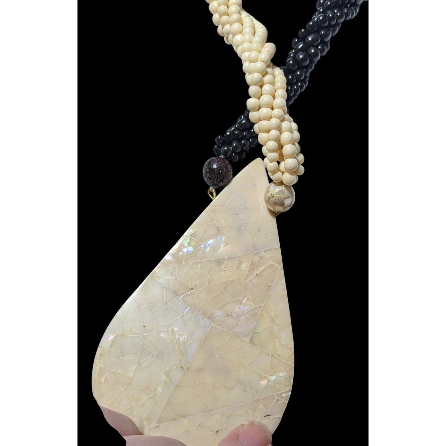 Vintage White And Brown Mother OF Pearl Chunky Beaded Teardrop Necklace