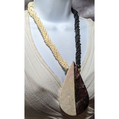 Vintage White And Brown Mother OF Pearl Chunky Beaded Teardrop Necklace