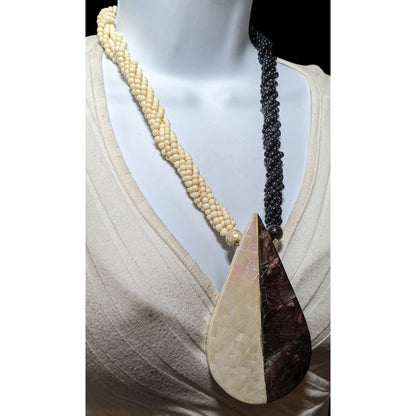 Vintage White And Brown Mother OF Pearl Chunky Beaded Teardrop Necklace