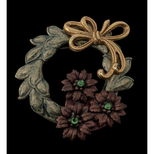 Vintage Karissa Cottagecore Wreath Brooch With Gold Tone Bow And Green Rhinestone Accents