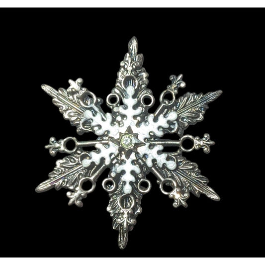 Whimsical Snowflake Silver Tone White Enamel Brooch