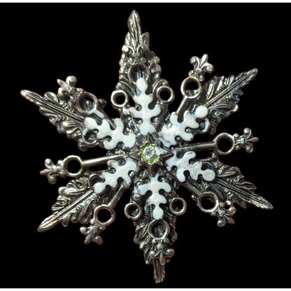 Whimsical Snowflake Silver Tone White Enamel Brooch