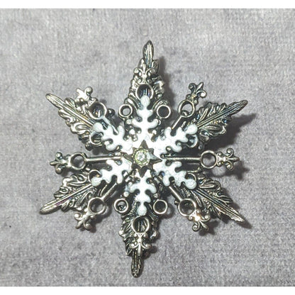 Whimsical Snowflake Silver Tone White Enamel Brooch