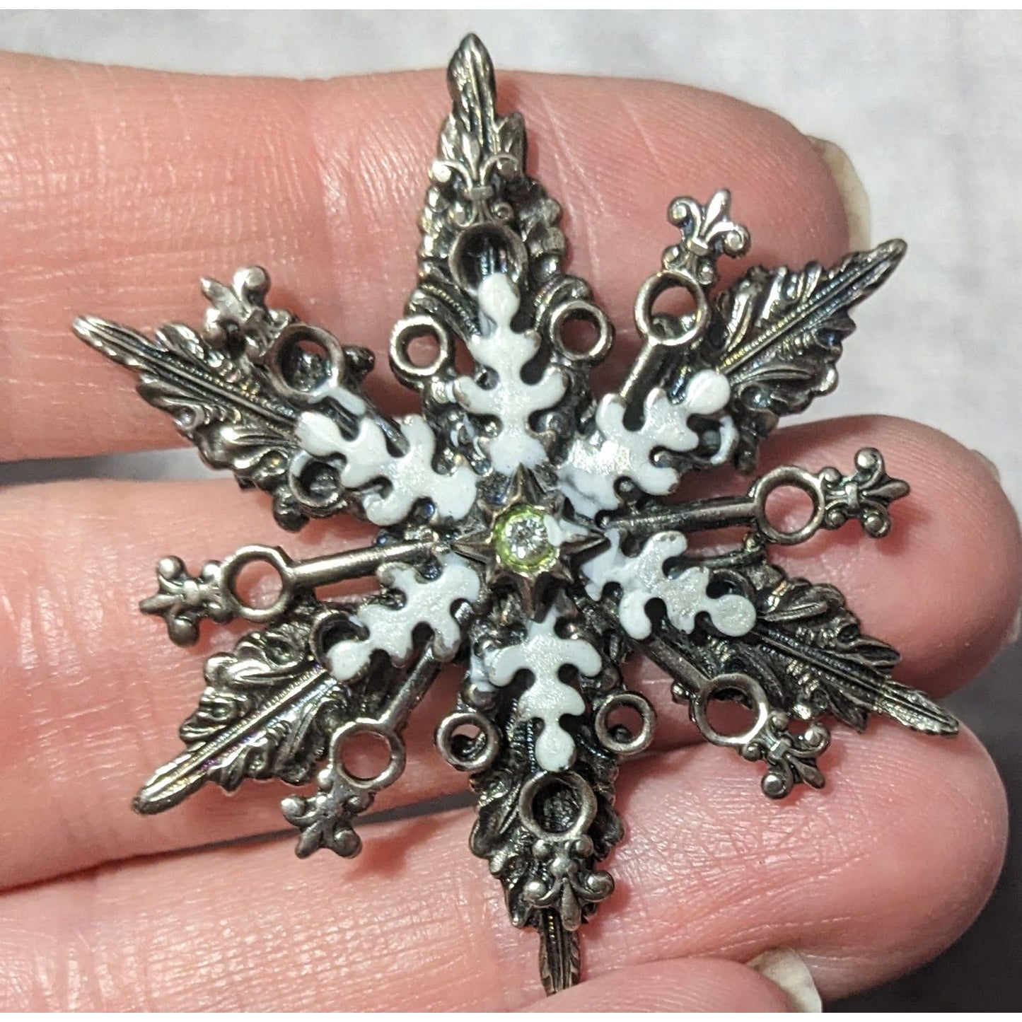 Whimsical Snowflake Silver Tone White Enamel Brooch