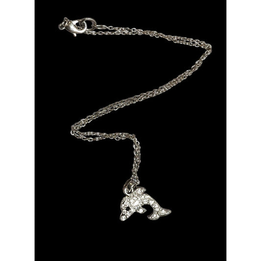 Reversible Silver Rhinestone Dolphin Necklace