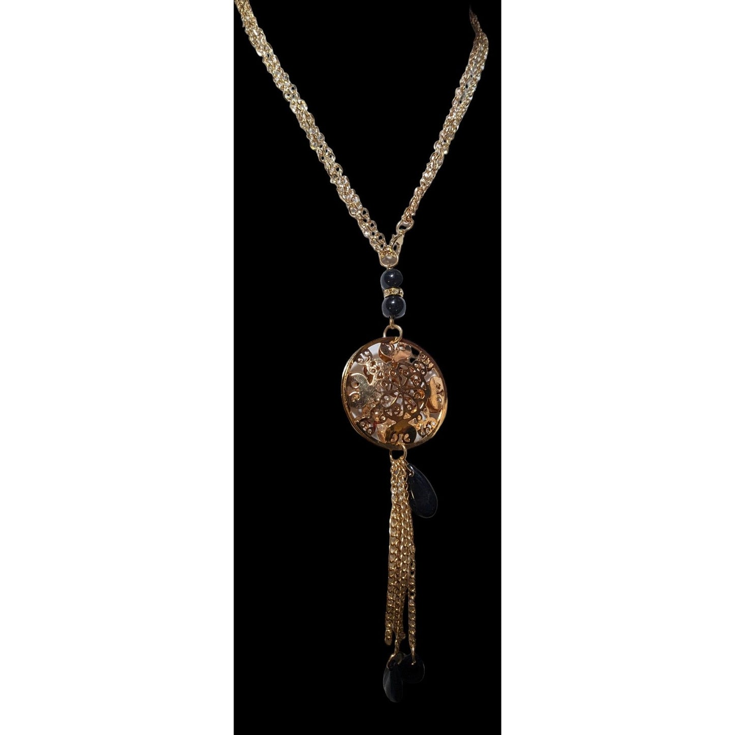 Gold Floral Crystal Filled Pendant Tassel Necklace