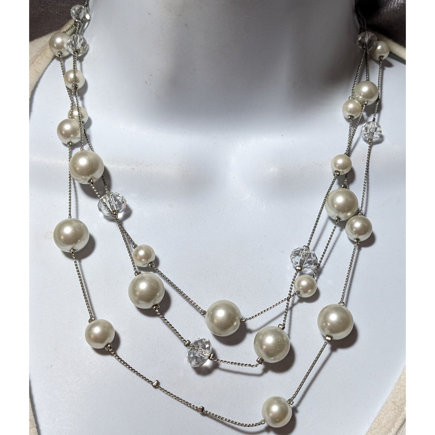 Silver Faux Pearl Multilayer Beaded Floating Necklace