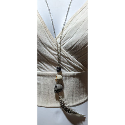 Triple Skull Beaded Feather Pendant Necklace