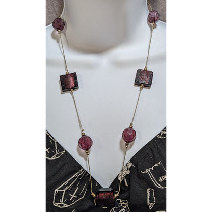 Chunky Glass Beaded Station Necklace Purple Silver Statement Jewelry
