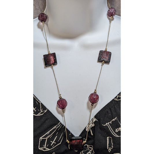 Chunky Glass Beaded Station Necklace Purple Silver Statement Jewelry