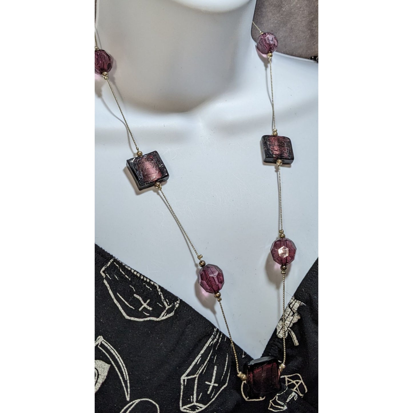 Chunky Glass Beaded Station Necklace Purple Silver Statement Jewelry