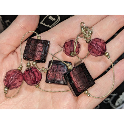 Chunky Glass Beaded Station Necklace Purple Silver Statement Jewelry