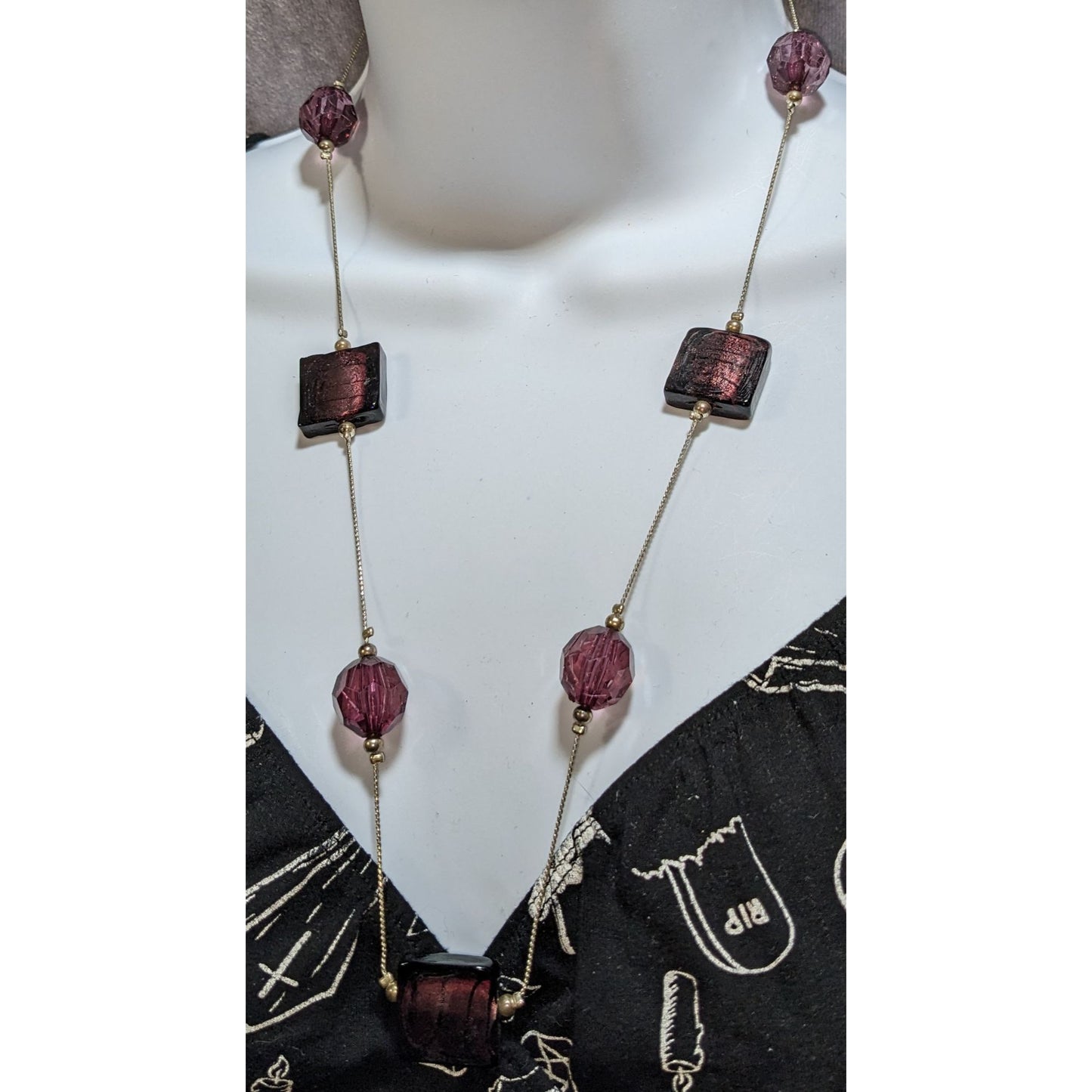 Chunky Glass Beaded Station Necklace Purple Silver Statement Jewelry