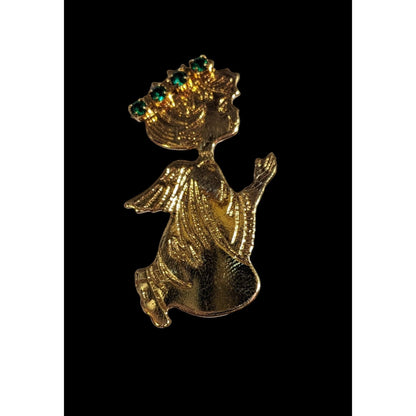 Vintage Gold Green Rhinestone Angel Brooch