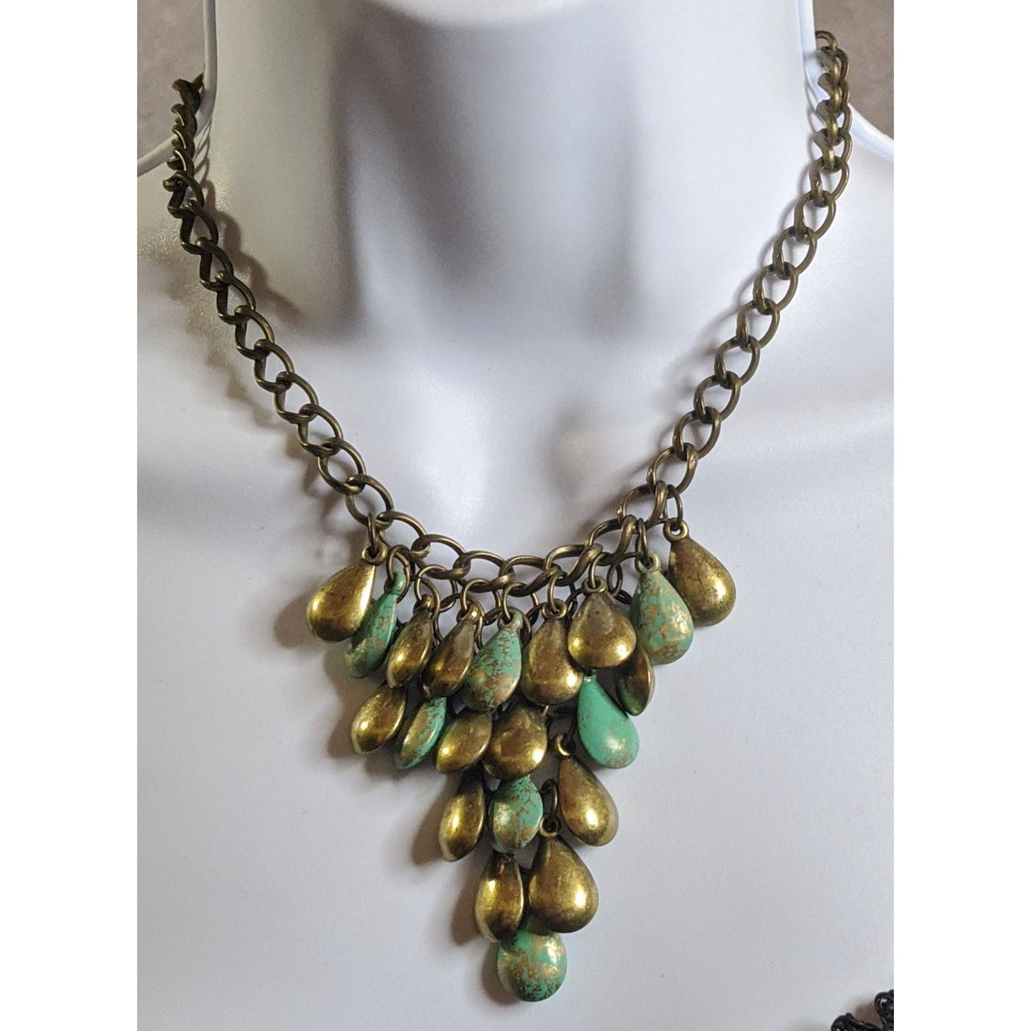 Vintage Bohemian Brass Teardrop Necklace With Turquoise Painted Accents