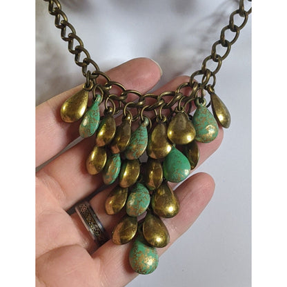Vintage Bohemian Brass Teardrop Necklace With Turquoise Painted Accents