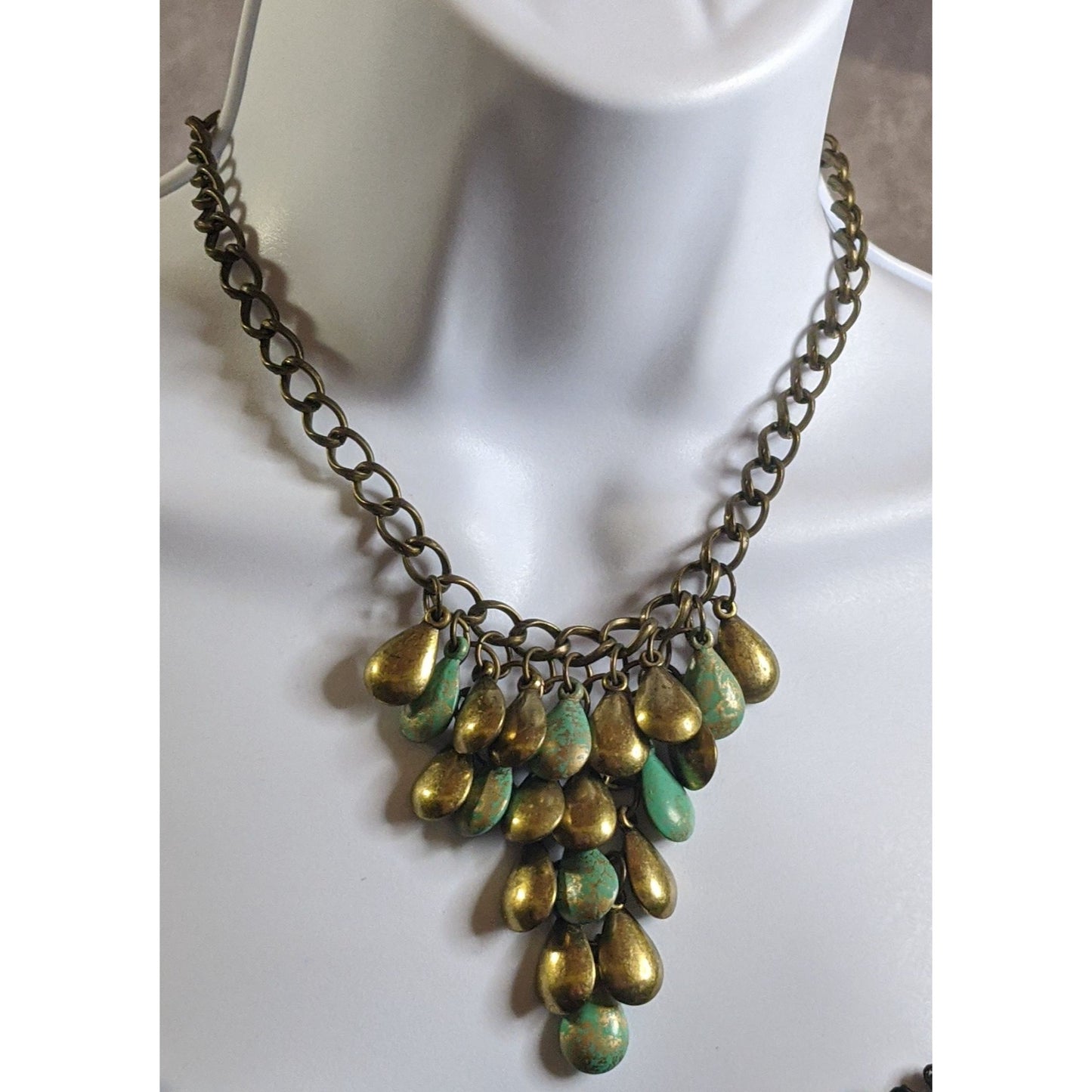 Vintage Bohemian Brass Teardrop Necklace With Turquoise Painted Accents