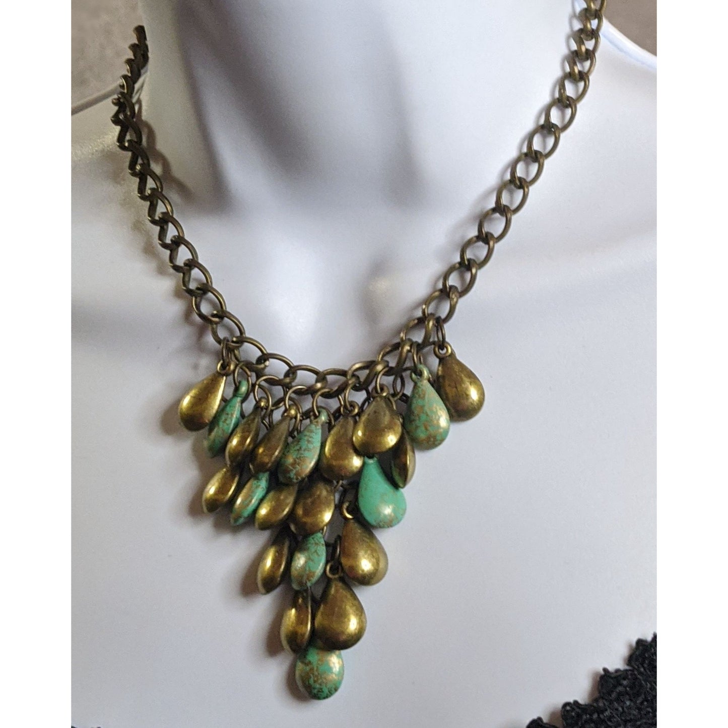 Vintage Bohemian Brass Teardrop Necklace With Turquoise Painted Accents