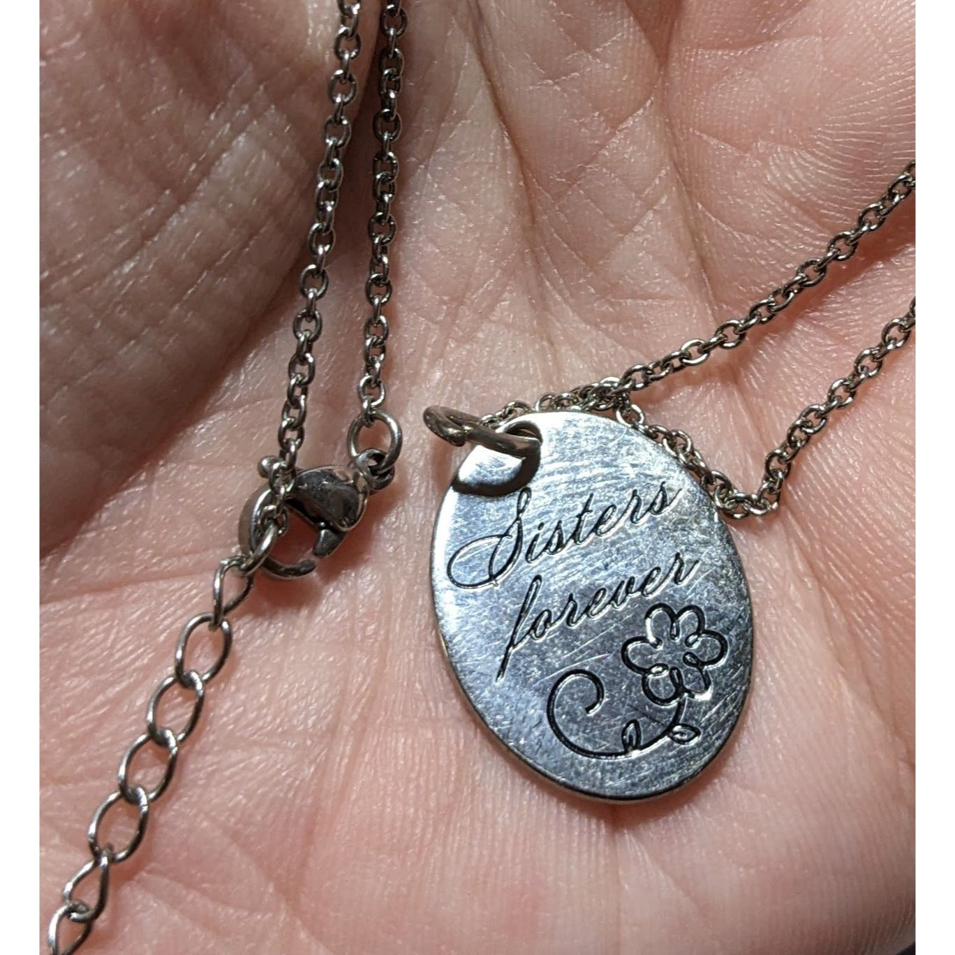 Sisters Forever Silver Floral Pendant Necklace